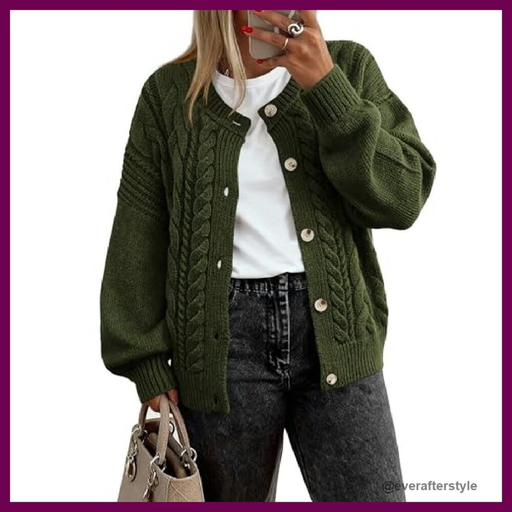 Chunky Cable Knit Cardigan Oversized Loose Fit Button Front Winter Cozy - Picture 2 of 8